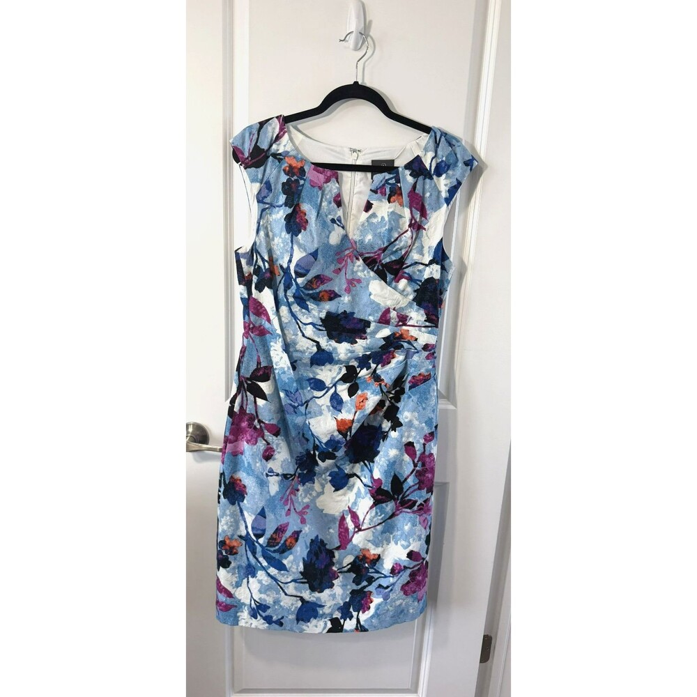 Adrianna Papell Dress 14 Blue Floral Watercolor slimming Elegant Ethereal NWOT